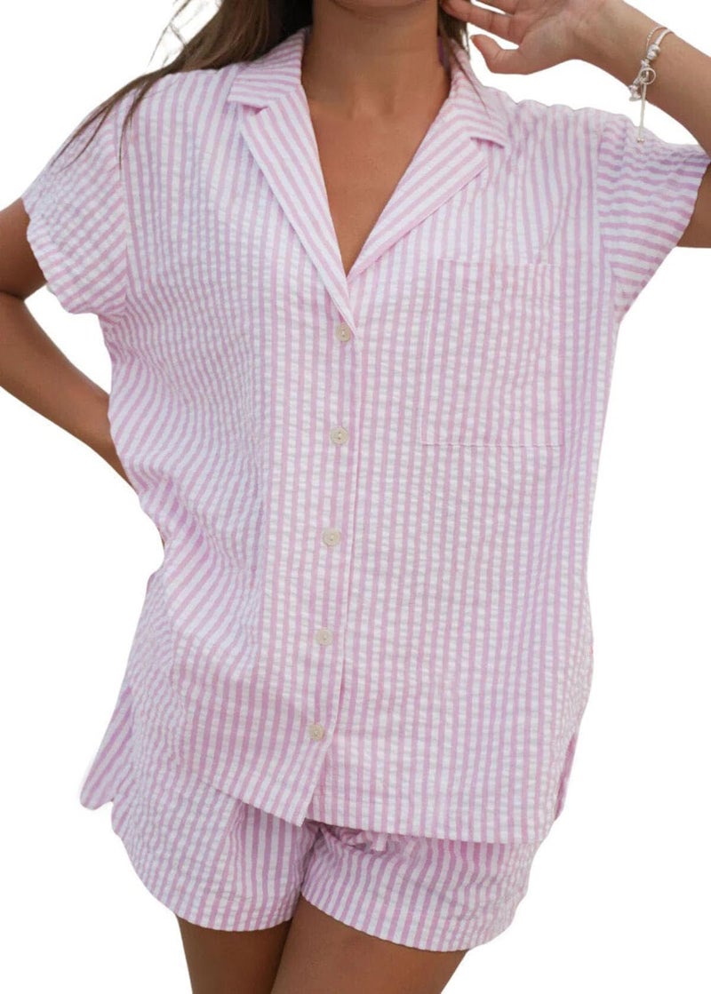 codcm Womens Striped Pajama Set Cute Heart Pjs Sleepwear Short Sleeve Shirt and Shorts Set(Pink02,Medium) - Image 1