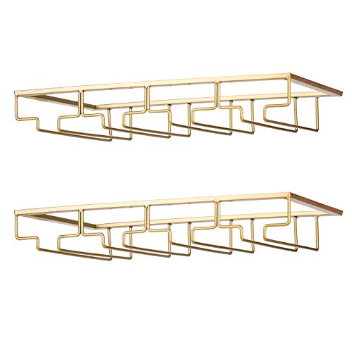 FOMANSH Wine Glass Rack - Under Cabinet Stemware Wine Glass Holder Glasses Storage Hanger 2 Pack Metal Organizer for Bar Kitchen Gold - Image 1