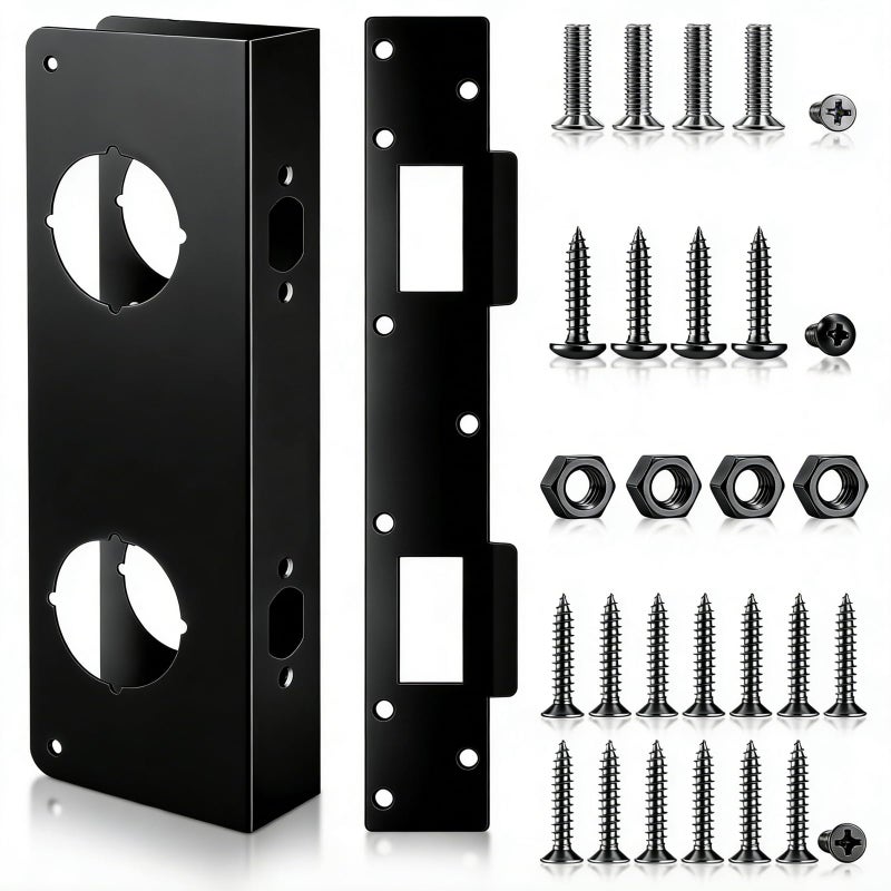 Otoolling 1 Set Black Stainless Steel Lock and Door Reinforcement Plate Set Mortise Lock Conversion Kit Exterior Interior Doors Repair Kit for 1-3/4" Thick Door Double Hole Doors - Image 1
