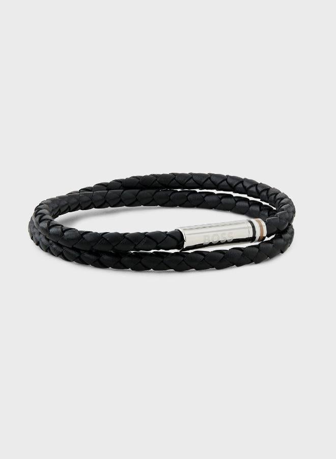 BOSS Ares Collection Bracelet For Men With Double-Wrap Braided Black Leather - 1580489M - Image 1