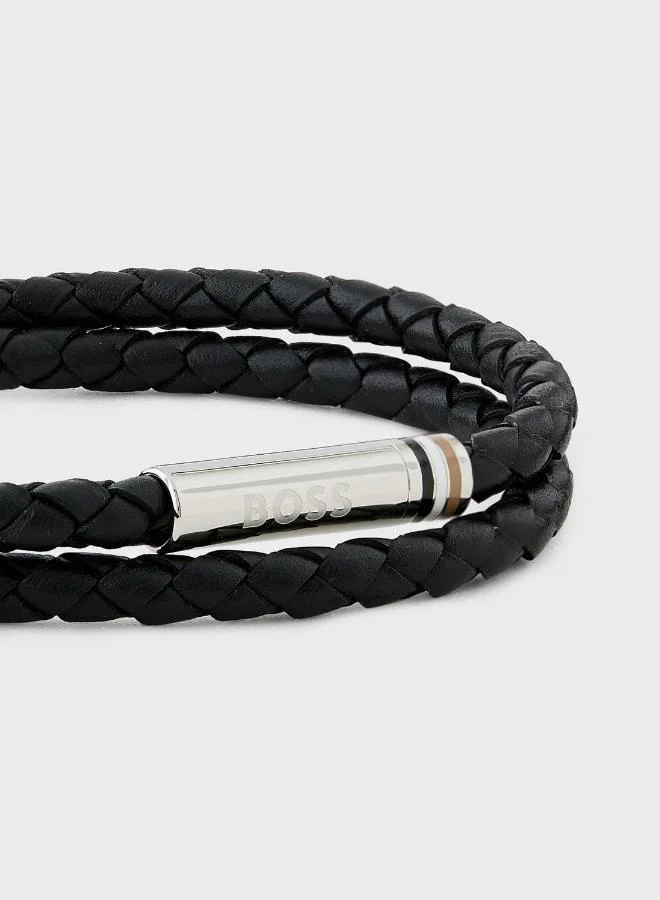 BOSS  Ares Collection Bracelet For Men With Double-Wrap Braided Black Leather - 1580489M for Men | Best Price UAE