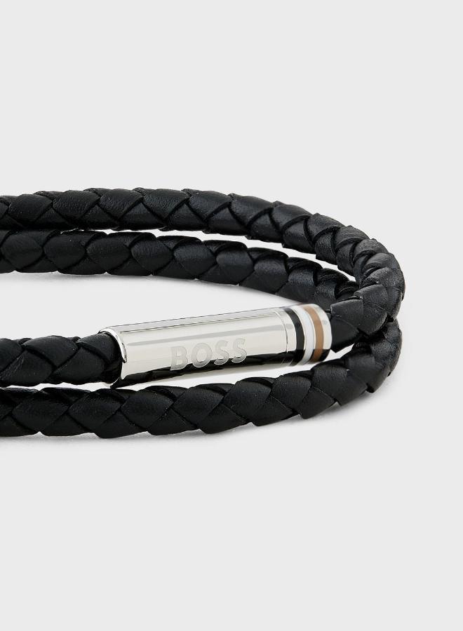 BOSS Ares Collection Bracelet For Men With Double-Wrap Braided Black Leather - 1580489M - Image 4