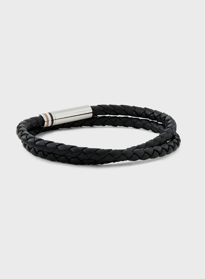 BOSS  Ares Collection Bracelet For Men With Double-Wrap Braided Black Leather - 1580489M for Men | Best Price UAE