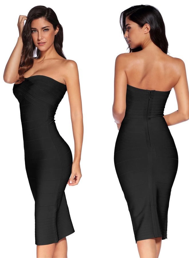 Meilun Women's Rayon Strapless Bandage Bodycon Midi Party Dress Black Medium - Image 2