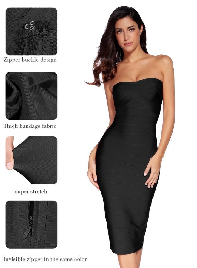 Meilun Women's Rayon Strapless Bandage Bodycon Midi Party Dress Black Medium - Image 3