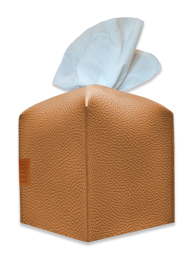 LeArt Leather Tissue Box Cover – Elegant Tissue Box Holder for Office Car Hotel Home Decor | Living Room Bedroom Bathroom | Facial Tissue Holder, Car Tissue Box Holder (Caramel Cube) - Image 1