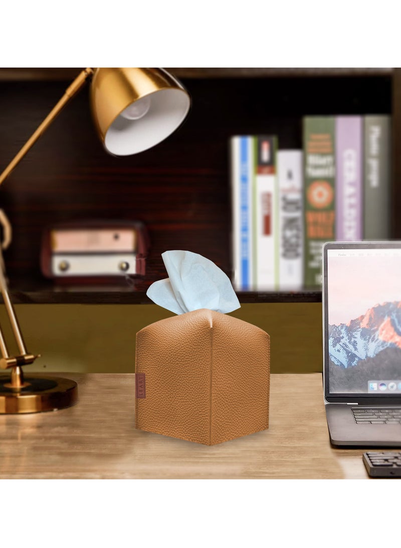 LeArt Leather Tissue Box Cover – Elegant Tissue Box Holder for Office Car Hotel Home Decor | Living Room Bedroom Bathroom | Facial Tissue Holder, Car Tissue Box Holder (Caramel Cube) - Image 2