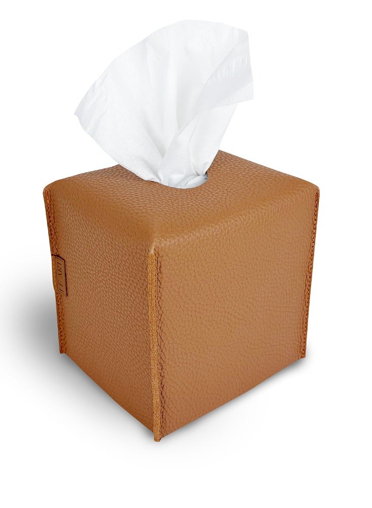 LeArt Leather Tissue Box Cover – Elegant Tissue Box Holder for Office Car Hotel Home Decor | Living Room Bedroom Bathroom | Facial Tissue Holder, Car Tissue Box Holder (Caramel Cube) - Image 1