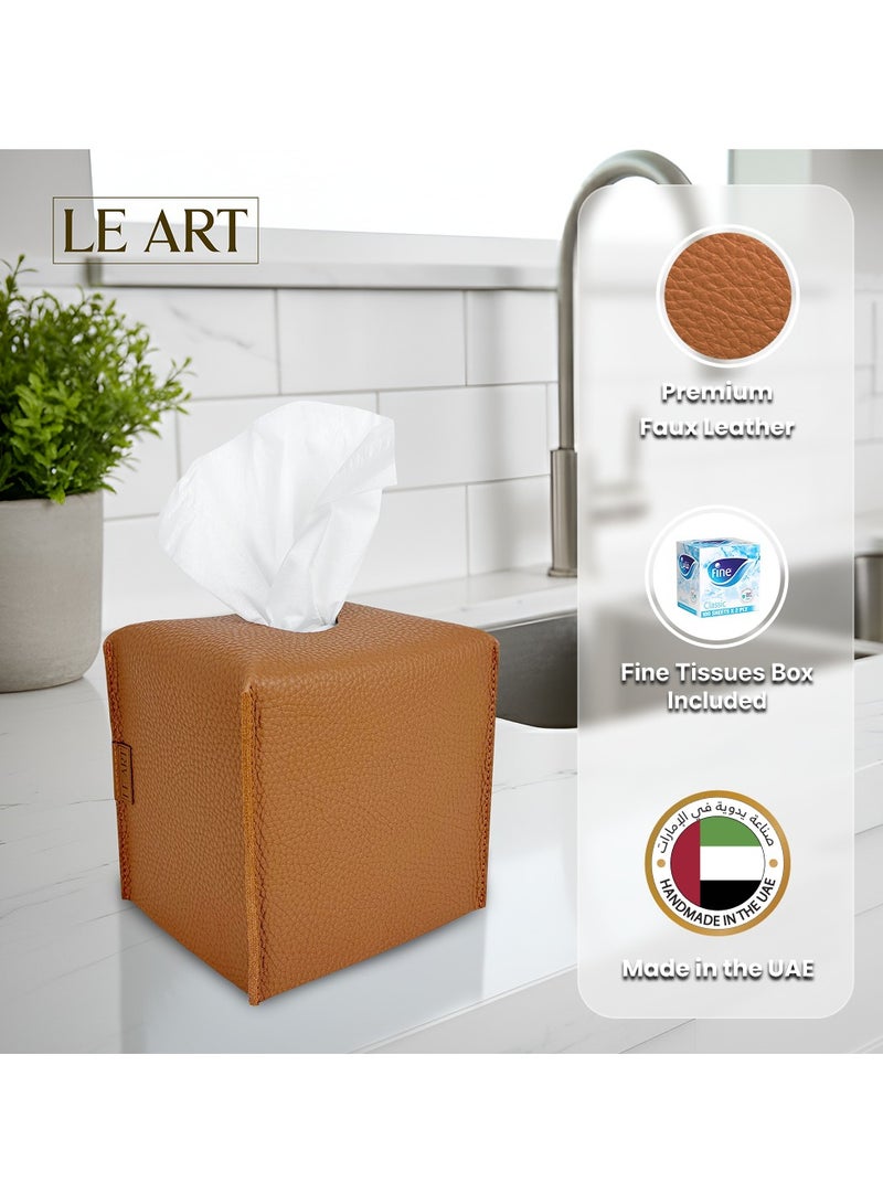 LeArt Leather Tissue Box Cover – Elegant Tissue Box Holder for Office Car Hotel Home Decor | Living Room Bedroom Bathroom | Facial Tissue Holder, Car Tissue Box Holder (Caramel Cube) - Image 2