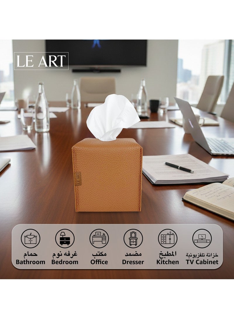 LeArt Leather Tissue Box Cover – Elegant Tissue Box Holder for Office Car Hotel Home Decor | Living Room Bedroom Bathroom | Facial Tissue Holder, Car Tissue Box Holder (Caramel Cube) - Image 3