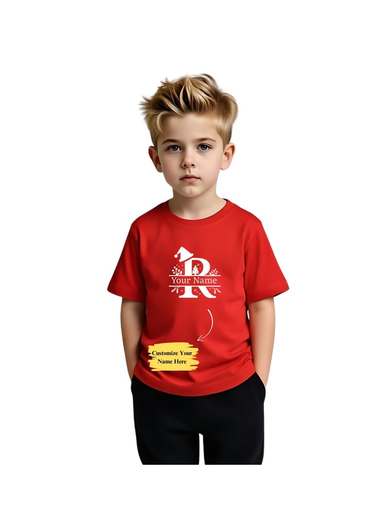 برينت شوب فور مي تي شيرت أحمر مطبوع عليه حروف أبجدية عيد الميلاد مخصصة للأولاد - تي شيرت للأطفال باسم مخصص - هدية احتفالية للعطلات - Image 1