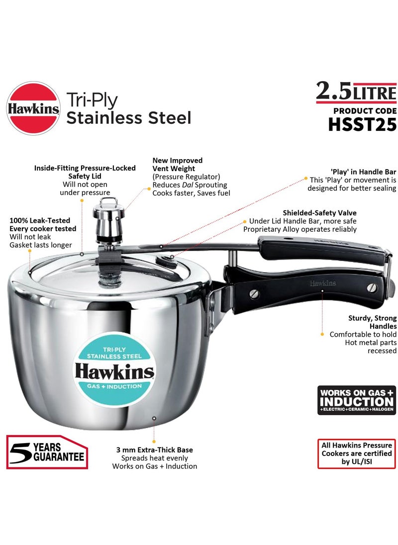 هوكينز Hawkins 2.5 Litre Triply Stainless Steel Pressure Cooker, Inner Lid Cooker, Silver (HSST25)  - Image 2