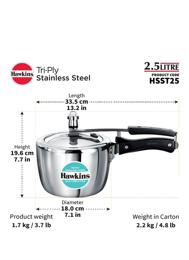 هوكينز Hawkins 2.5 Litre Triply Stainless Steel Pressure Cooker, Inner Lid Cooker, Silver (HSST25)  - Image 3