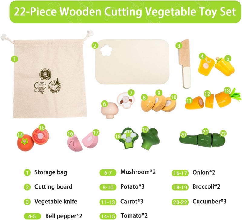 umu Wooden Cutting Vegetable Set, Toddler Kitchen Toy, Kids Cooking Toys with Vegetables, Fruit Cutter and 22 Pcs Kitchen Accessory, Pretend Play, Play Food Sets for Age 3+ - Image 3
