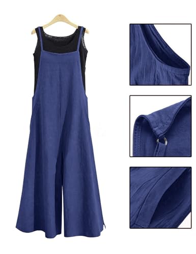 YESNO Women Casual Loose Long Bib Pants Wide Leg Jumpsuits Baggy Cotton Rompers Overalls with Pockets (S PZZTYP2 Navy Blue) - Image 4