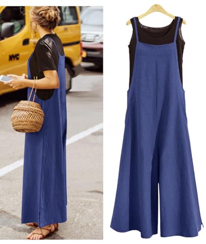 YESNO Women Casual Loose Long Bib Pants Wide Leg Jumpsuits Baggy Cotton Rompers Overalls with Pockets (S PZZTYP2 Navy Blue) - Image 3