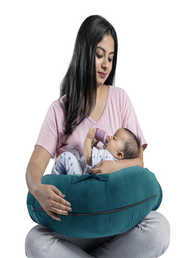Wakefit Feeding Pillow for New Born Baby | 3 Months Warranty | 5 in 1 Nursing Pillow with Belt and Hoop for Breastfeeding with Velvet Removable Cover | Peacock Green - Image 1