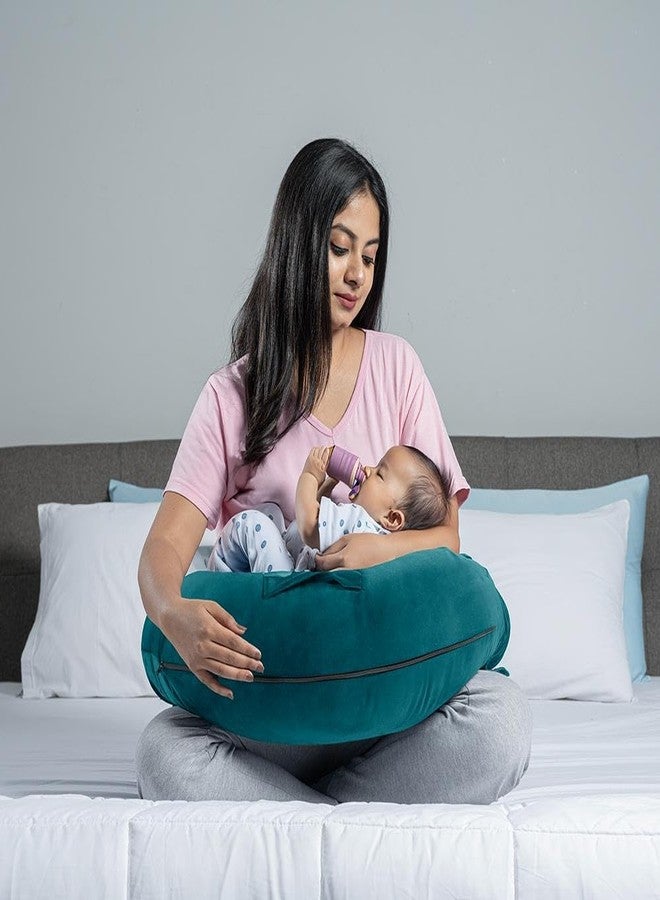 Wakefit Feeding Pillow for New Born Baby | 3 Months Warranty | 5 in 1 Nursing Pillow with Belt and Hoop for Breastfeeding with Velvet Removable Cover | Peacock Green - Image 4