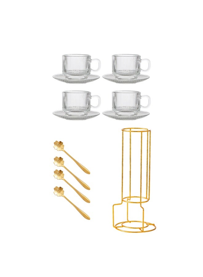 Stacked Ribbed Glass Coffee Mug Set with Iron Holder, 4 Cups, 4 Saucers & 4 Spoons - Image 2