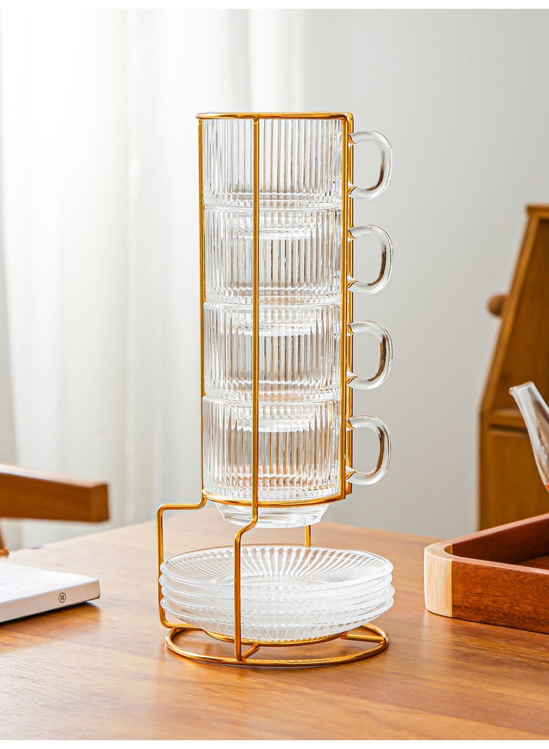 Stacked Ribbed Glass Coffee Mug Set with Iron Holder, 4 Cups, 4 Saucers & 4 Spoons - Image 1