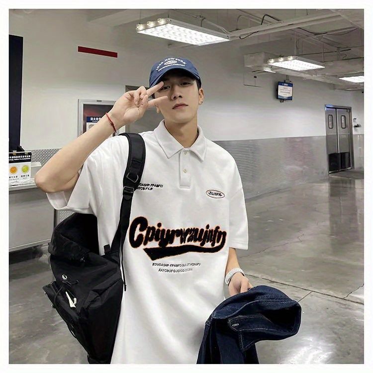 Polo Collar Short-Sleeved T-Shirt Men's Summer Trendy Brand Towel Embroidered Lapel Top Hong Kong Style Retro Letter Handsome T-Shirt - Image 1