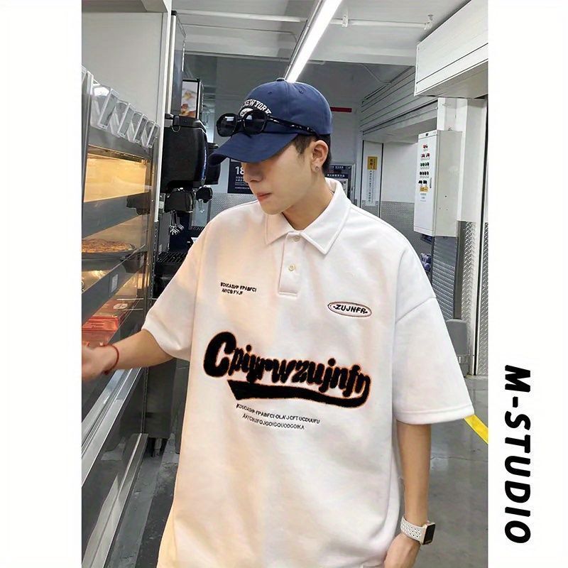 Polo Collar Short-Sleeved T-Shirt Men's Summer Trendy Brand Towel Embroidered Lapel Top Hong Kong Style Retro Letter Handsome T-Shirt - Image 5