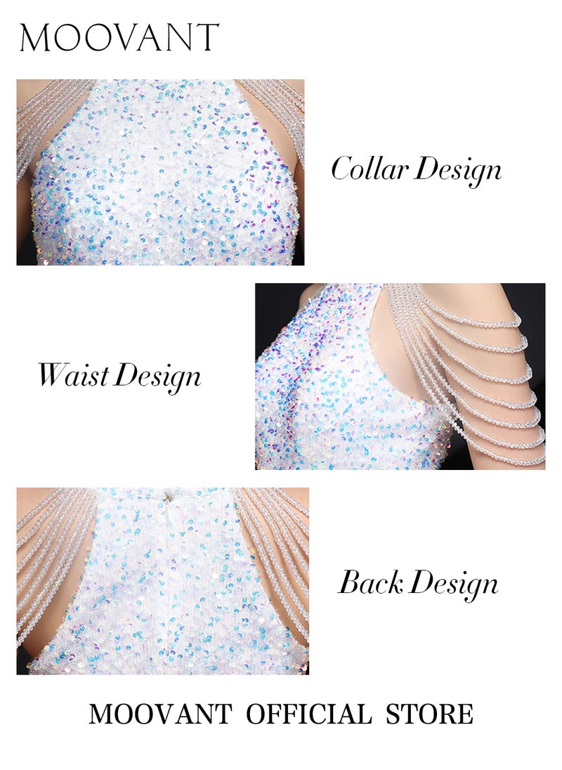 Moovant - Banquet Evening Dress for Women, Fashion Halter Neck Sequins Fringe Hip Wrap Sequin Sleeveless Dress, Slim Fit Prom Ball Gown, Wedding Elegant Dress, White - Image 1