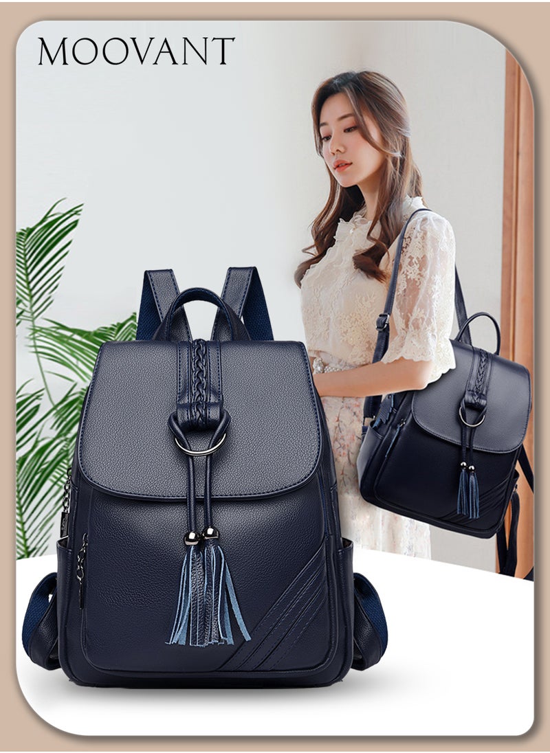 Moovant - Travel Backpack, Fashion Tassel Decor Flap Textured Backpack for Women, Leisure Soft PU Leather Large Schoolbag, Soild Travel New Double Shoulder Bag for College Girls Students, Blue - Image 1