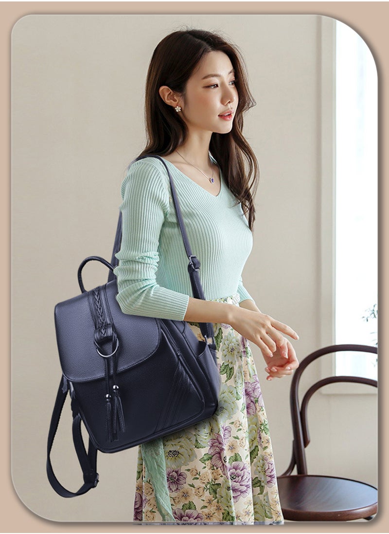 Moovant - Travel Backpack, Fashion Tassel Decor Flap Textured Backpack for Women, Leisure Soft PU Leather Large Schoolbag, Soild Travel New Double Shoulder Bag for College Girls Students, Blue - Image 1