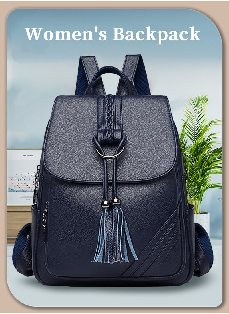Moovant - Travel Backpack, Fashion Tassel Decor Flap Textured Backpack for Women, Leisure Soft PU Leather Large Schoolbag, Soild Travel New Double Shoulder Bag for College Girls Students, Blue - Image 1