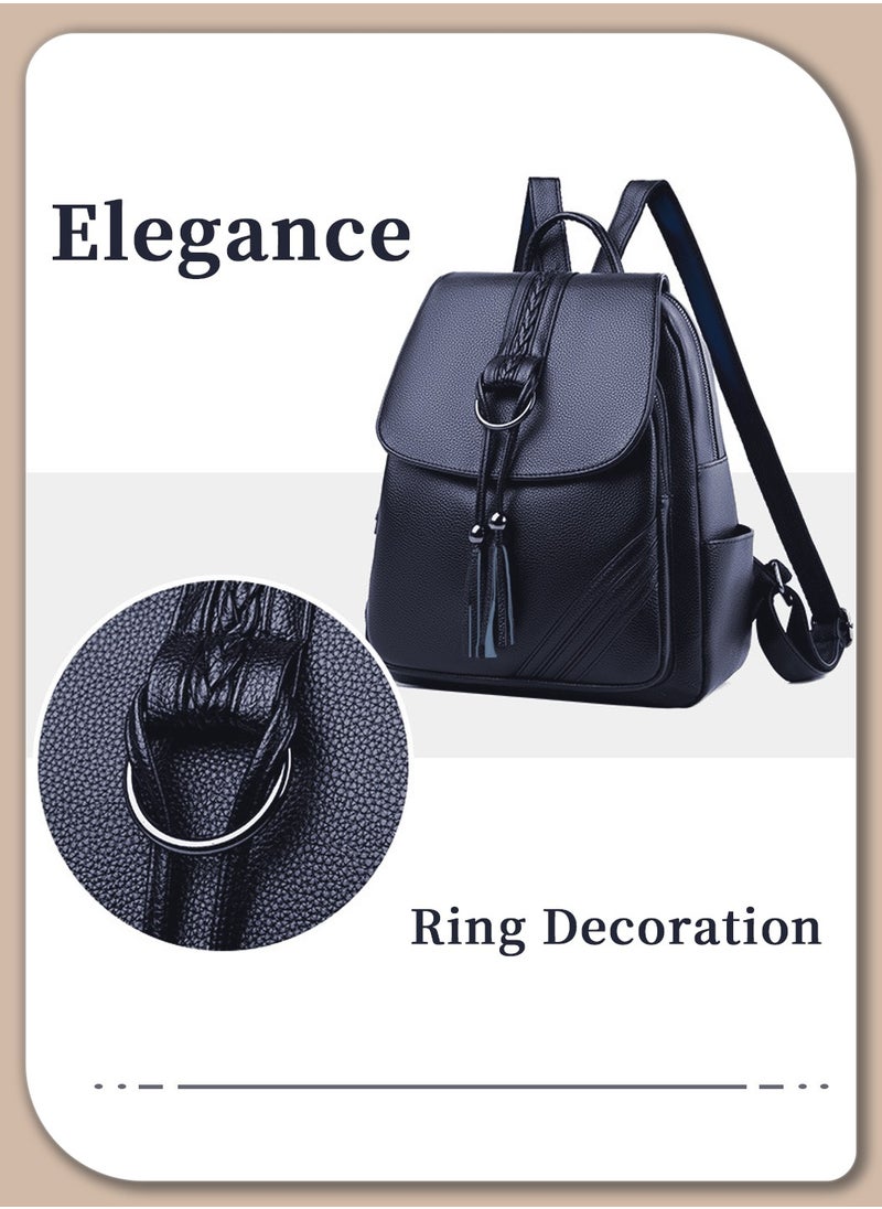 Moovant - Travel Backpack, Fashion Tassel Decor Flap Textured Backpack for Women, Leisure Soft PU Leather Large Schoolbag, Soild Travel New Double Shoulder Bag for College Girls Students, Blue - Image 1