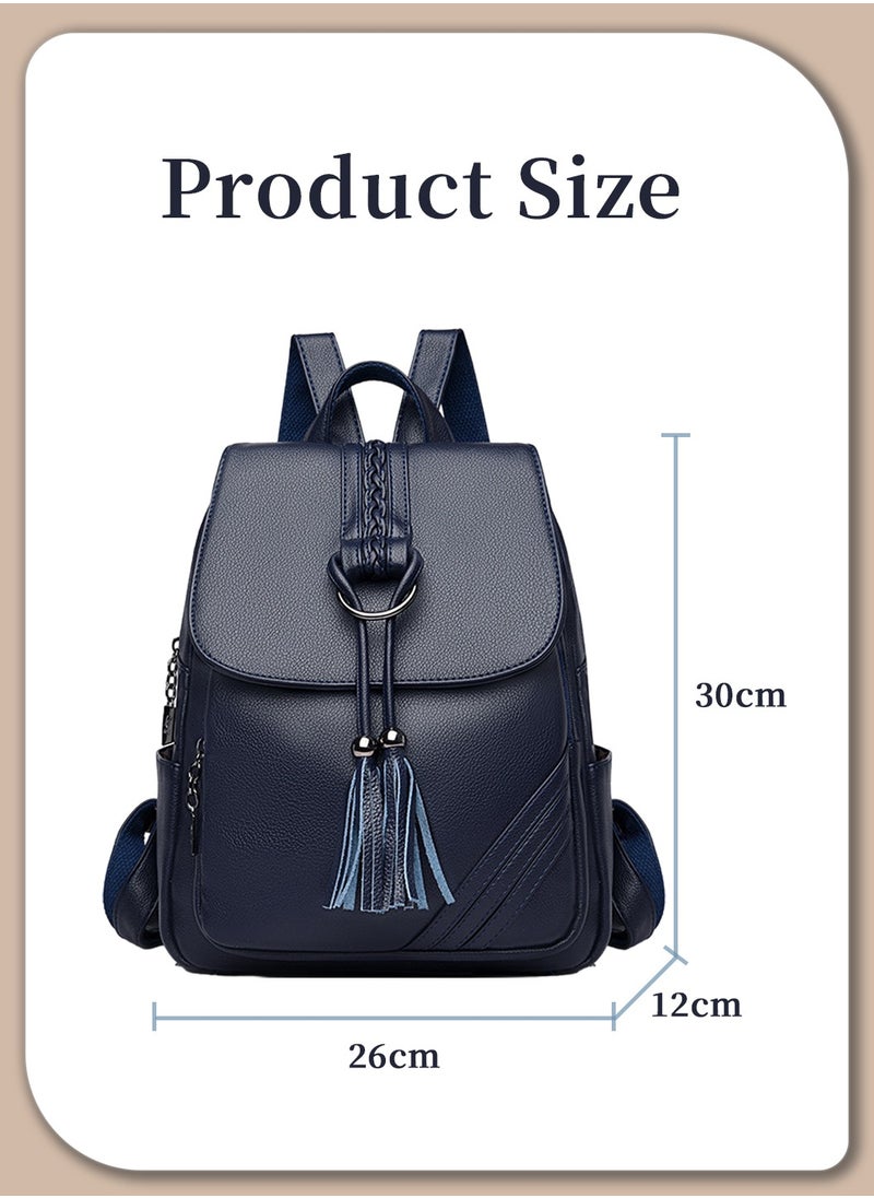 Moovant - Travel Backpack, Fashion Tassel Decor Flap Textured Backpack for Women, Leisure Soft PU Leather Large Schoolbag, Soild Travel New Double Shoulder Bag for College Girls Students, Blue - Image 1