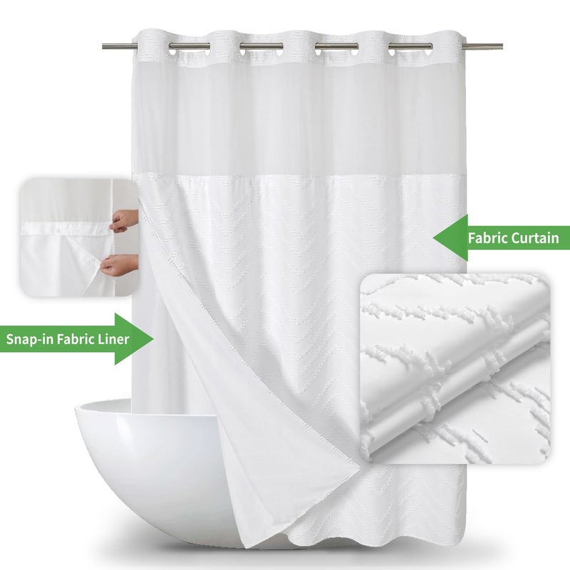 eachope No Hook Tufted Chevron Striped Shower Curtain with Snap-in Fabric Liner set-71Wx74H,Hotel Grade,Boho Style Waterproof Shower Curtain with See Through Top Window,White - Image 2
