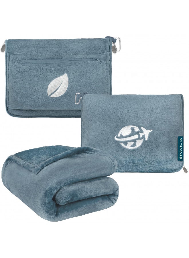 PAVILIA PAVILIA Travel Blanket and Pillow, Arms Opening Airplane Blankets for Adults, Compact Plane Blanket with Arm Hole 2-in-1 Bag for Flight Car Camping Fit in Luggage Backpack Traveler Gift, Blue  - Image 1
