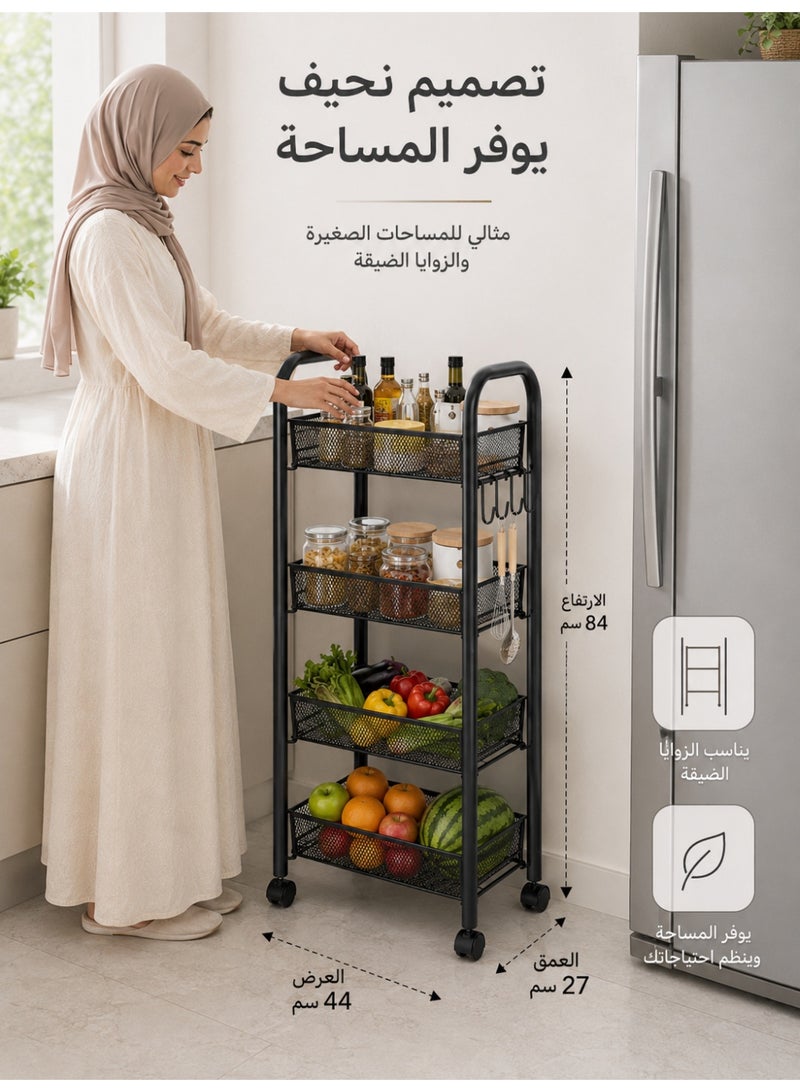 قف عربة دوارة من 4 طبقات، عربة معدنية متعددة الاستخدامات، عربة شبكية متنقلة مزودة بعجلات، رف تخزين معدني للمطبخ أو الحمام أو غرفة الغسيل أو غرفة المعيشة، لون أسود - Image 3