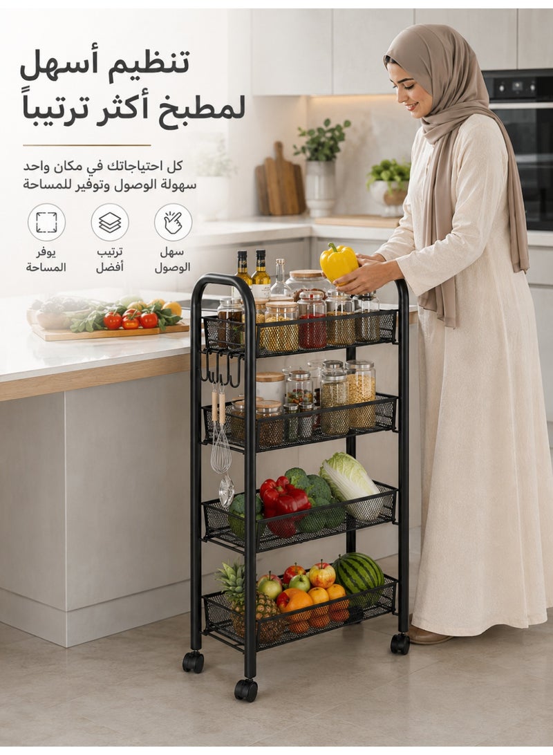 قف عربة دوارة من 4 طبقات، عربة معدنية متعددة الاستخدامات، عربة شبكية متنقلة مزودة بعجلات، رف تخزين معدني للمطبخ أو الحمام أو غرفة الغسيل أو غرفة المعيشة، لون أسود - Image 4