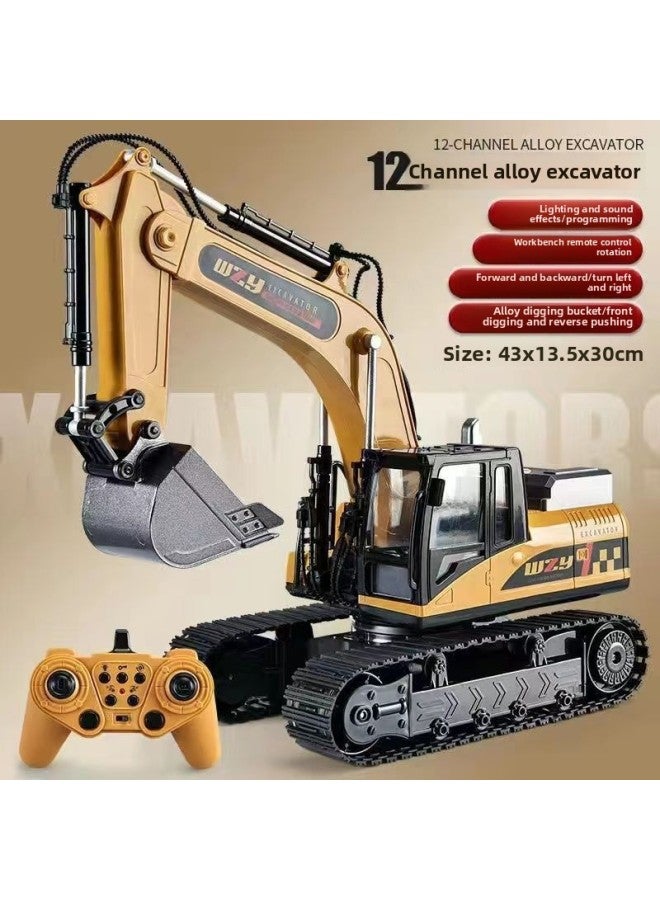 Loquat Children's Alloy Multi-function Remote Control Excavator Crane Engineering Vehicle 360 Rotating Car Toy Direct Sales-Color:12-way Alloy Excavator Yellow 【plus Battery】】 - Image 1
