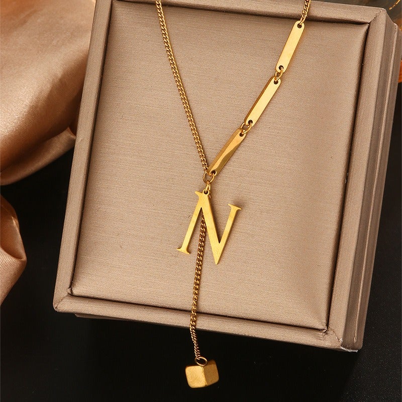 Vital Titanium Steel Tassel Collarbone Necklace for Women, 26 Letter Initial Pendant, Fade-Resistant Minimalist Jewelry
