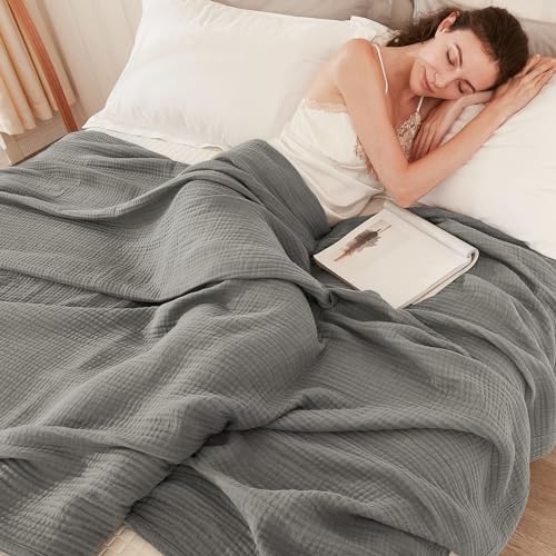 EMME Cotton Blanket Queen Size for Bed Soft Large Muslin Bed Blankets 90"*90" Lightweight Breathable Grey Blanket All Season Gauze Blanket, Grey - Image 2