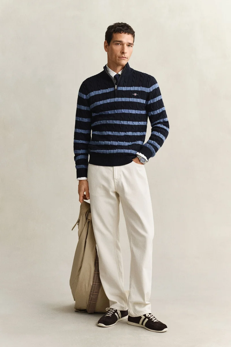 غانت Striped Cotton Cable Half Zip Sweater