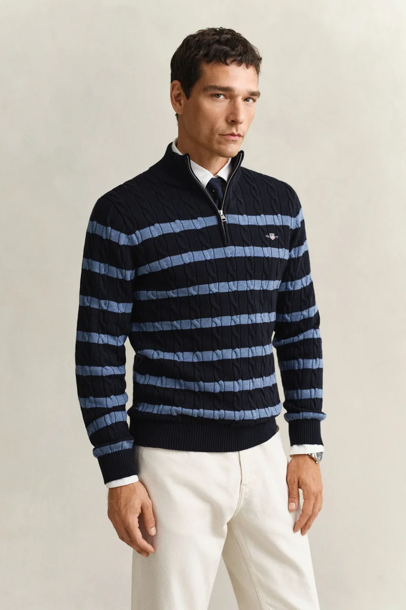 غانت Striped Cotton Cable Half Zip Sweater
