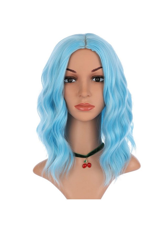 eNilecor Blue Wig Short Colored Wigs Bob Wig For Women Natural Wavy Colorful 14 Inch Middle Part Synthetic Wig For Cosplay Party Costume（Sky Blue） - Image 3