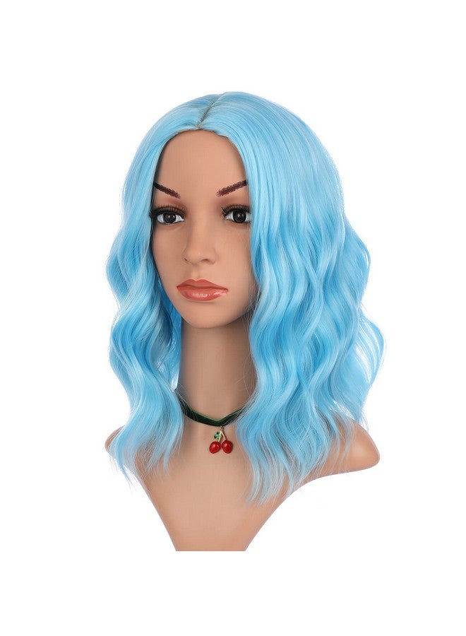 eNilecor Blue Wig Short Colored Wigs Bob Wig For Women Natural Wavy Colorful 14 Inch Middle Part Synthetic Wig For Cosplay Party Costume（Sky Blue） - Image 2