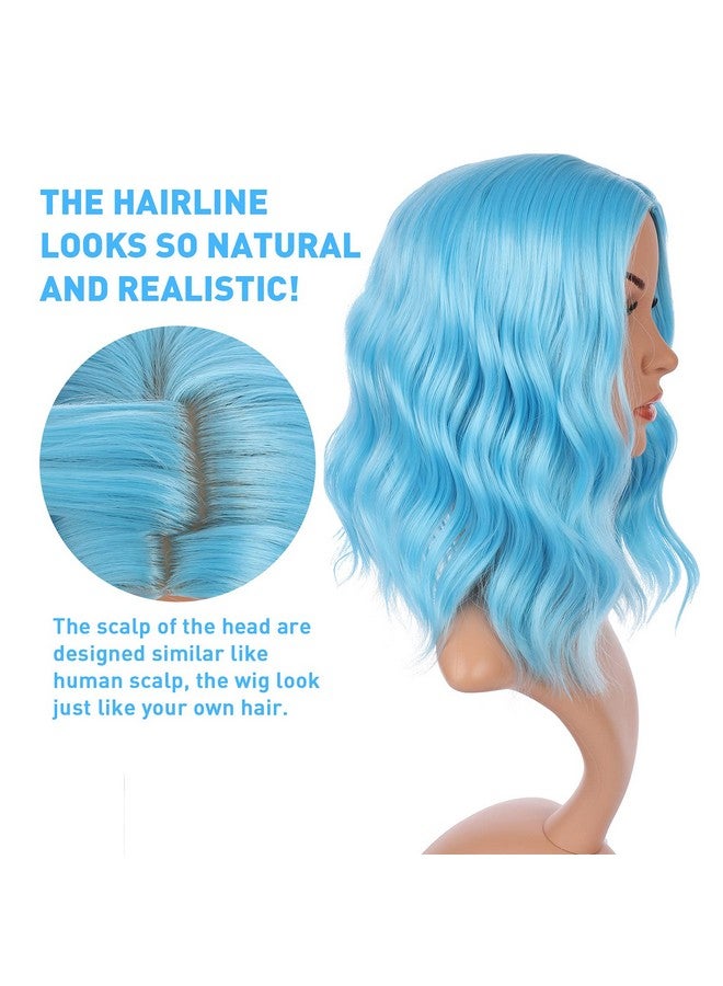 eNilecor Blue Wig Short Colored Wigs Bob Wig For Women Natural Wavy Colorful 14 Inch Middle Part Synthetic Wig For Cosplay Party Costume（Sky Blue） - Image 5