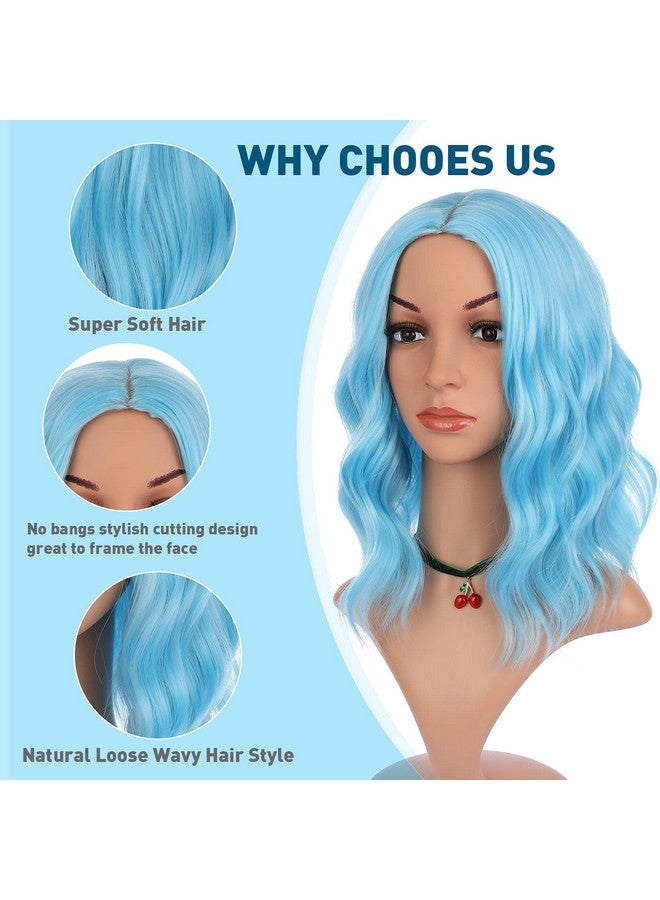 eNilecor Blue Wig Short Colored Wigs Bob Wig For Women Natural Wavy Colorful 14 Inch Middle Part Synthetic Wig For Cosplay Party Costume（Sky Blue） - Image 4
