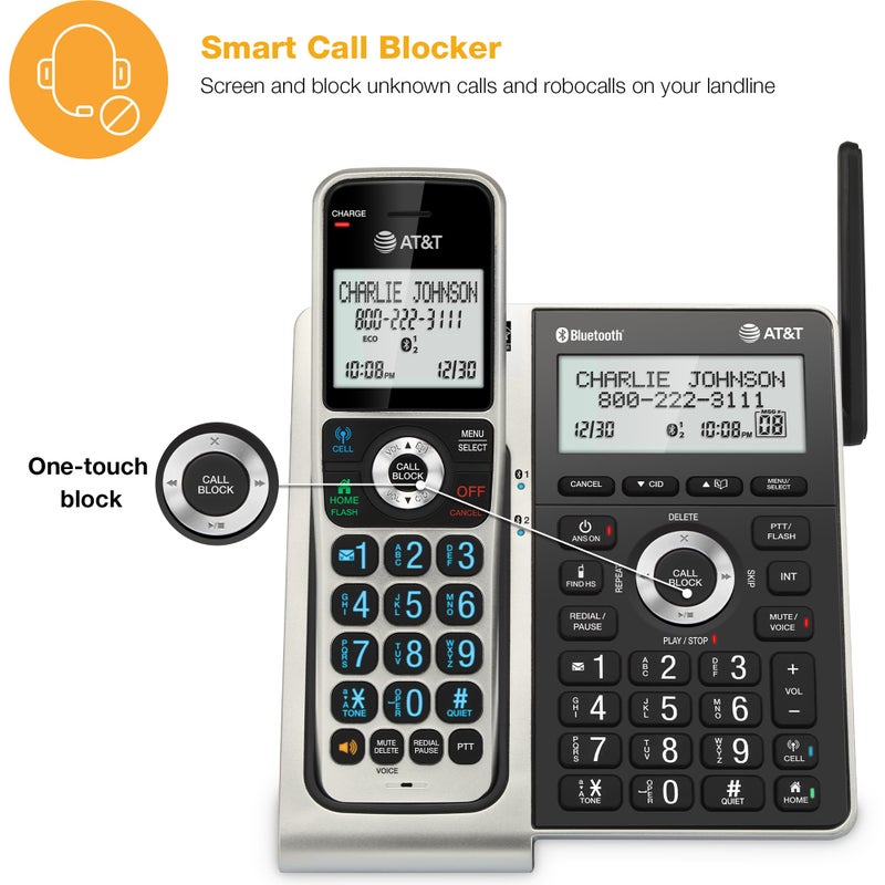 AT&T هاتف AT&T لاسلكي 5 سماعات مع بلوتوث، هواتف أرضية للمنزل، نظام الرد، مانع المكالمات الذكي، مدى ممتد DECT 6.0، شاشة مضاءة 2 بوصة، لوحة مفاتيح مضاءة بأزرار كبيرة، BL3107-5 - Image 2