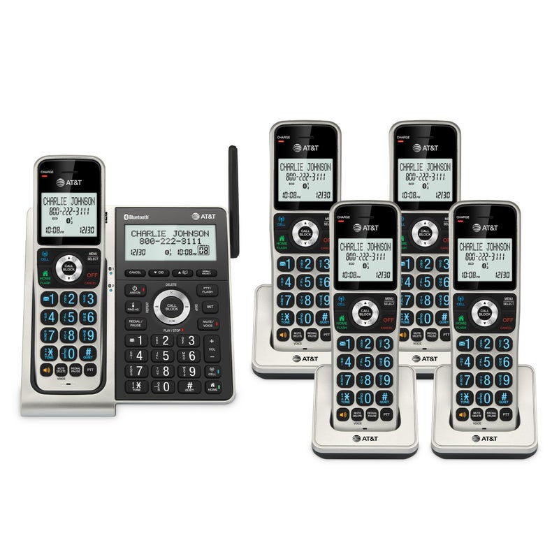 AT&T هاتف AT&T لاسلكي 5 سماعات مع بلوتوث، هواتف أرضية للمنزل، نظام الرد، مانع المكالمات الذكي، مدى ممتد DECT 6.0، شاشة مضاءة 2 بوصة، لوحة مفاتيح مضاءة بأزرار كبيرة، BL3107-5 - Image 1