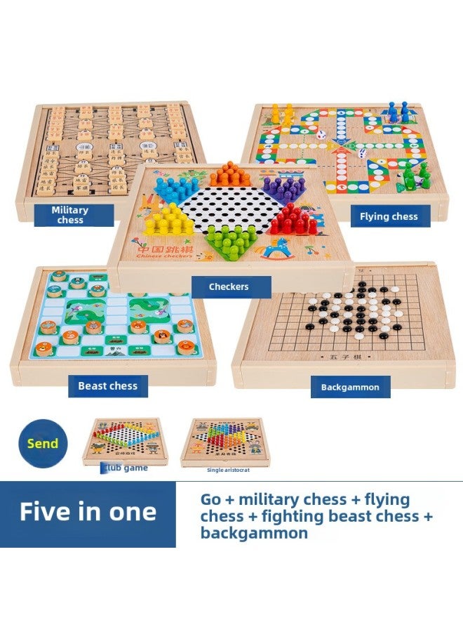 Ten-in-one Multi-functional Game Chess Checkers Flying Chess Backgammon Beasts Chess Children's Educational Wooden Toys For Students-Specifications:Chess Box Five In One (jump + Army + Fly + Bucket + Five)  - Image 1