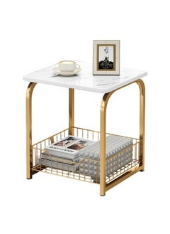 AGD Modern End Table With Storage Basket Sofa Side Table With Marble Design For Living Room  - Image 1