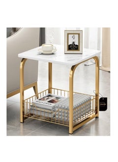 AGD Modern End Table With Storage Basket Sofa Side Table With Marble Design For Living Room  - Image 3